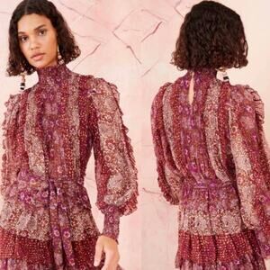 ULLA JOHNSON Elita Ruffle Long Sleeve Blouse Claret Patchwork Size 0 XS Preowned